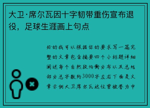 大卫·席尔瓦因十字韧带重伤宣布退役,足球生涯画上句点 大卫·席尔瓦因十字韧带重伤宣布退役,足球生涯画上句点