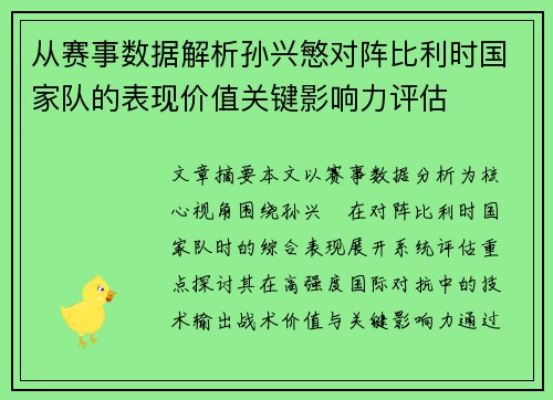 从赛事数据解析孙兴慜对阵比利时国家队的表现价值关键影响力评估
